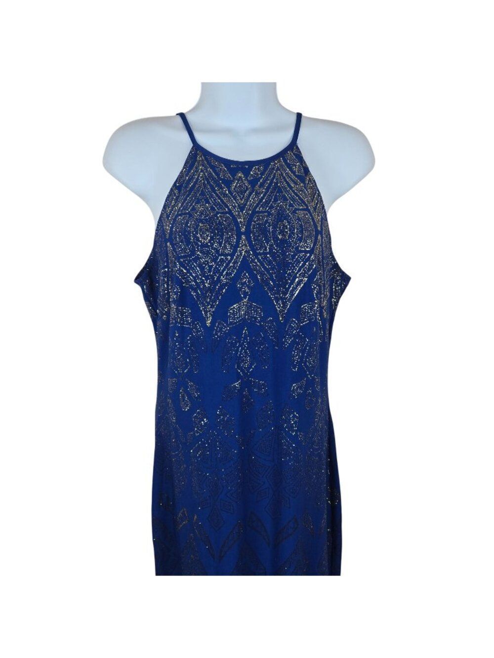 Vintage 90s Y2K Blue Gold Metallic Sleeveless Halter Maxi Dress Size 9/10